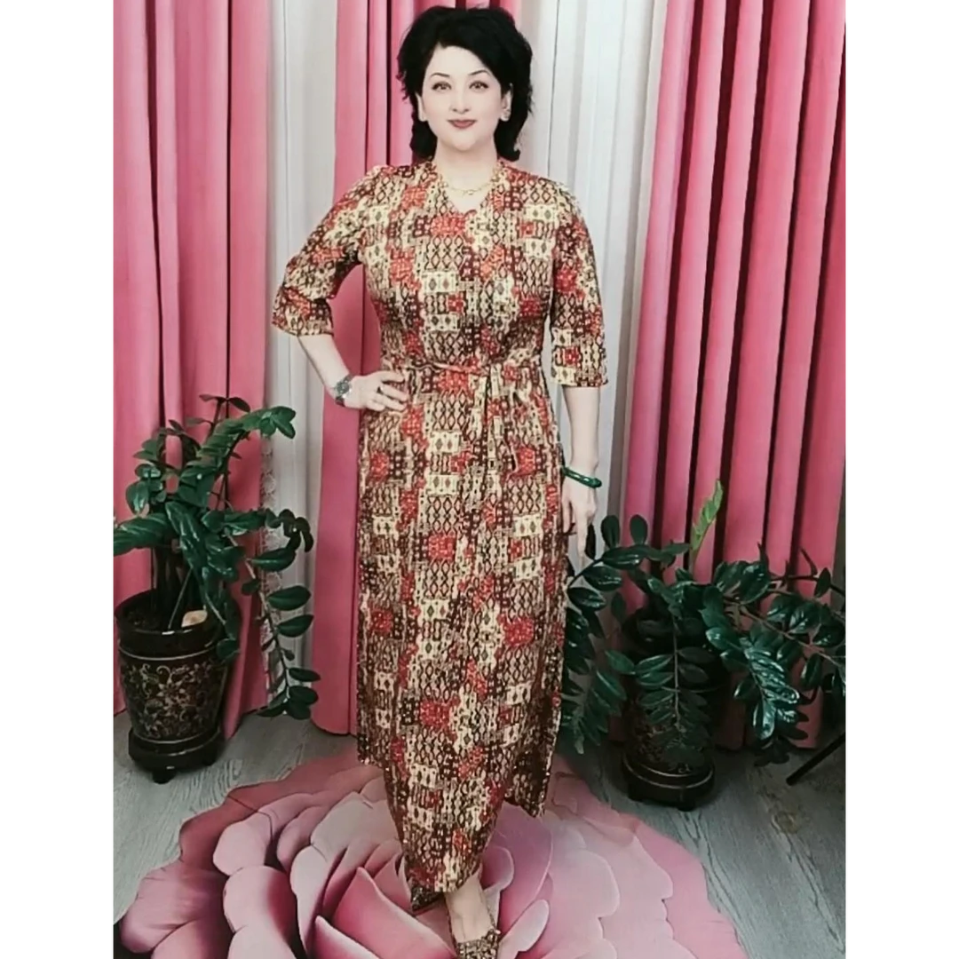 长袖套头连衣裙复古优雅夏季礼服常规女装碎花高腰显瘦