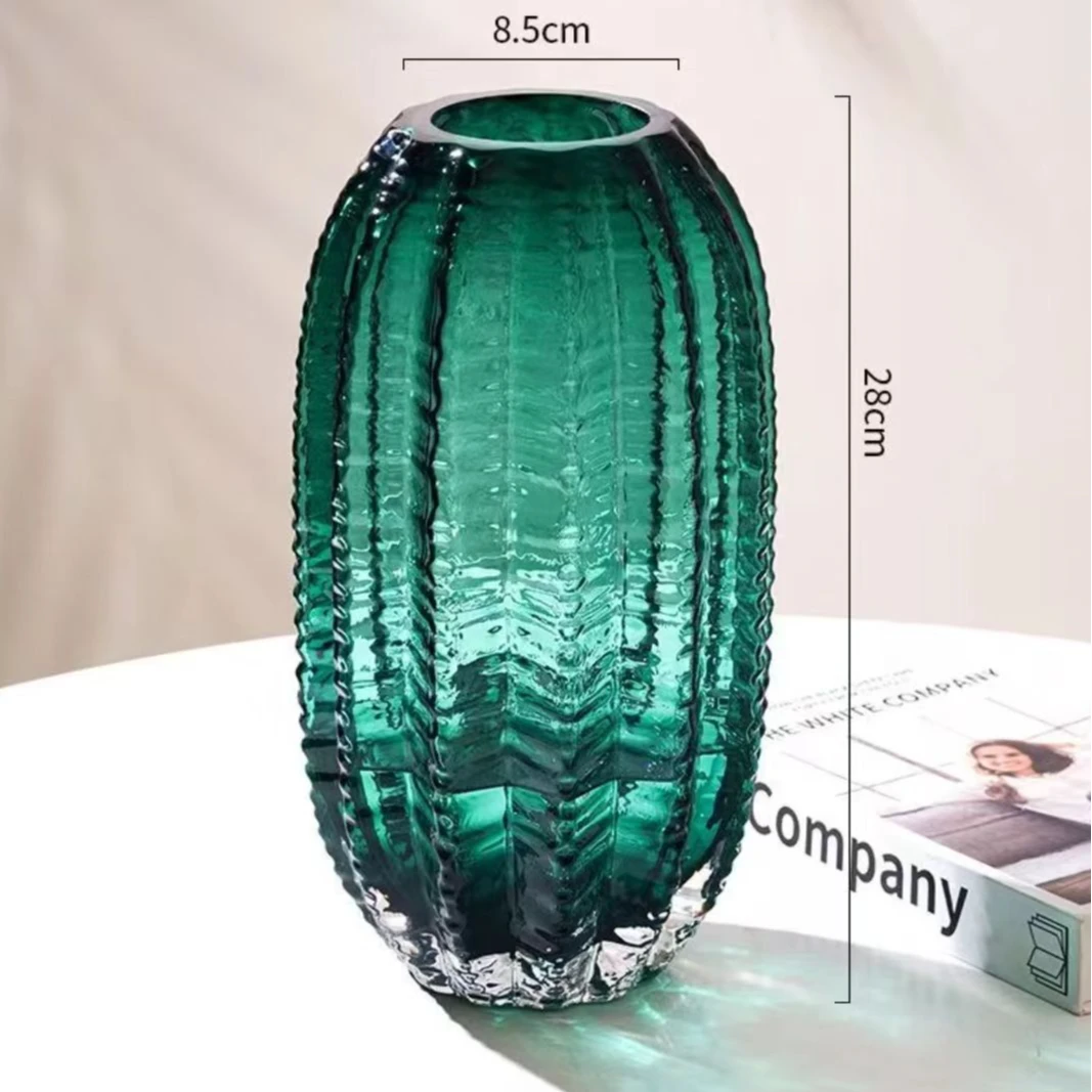 简约绿色玻璃仙人柱花瓶轻奢餐桌茶几餐桌水培花器插花装饰品28CM