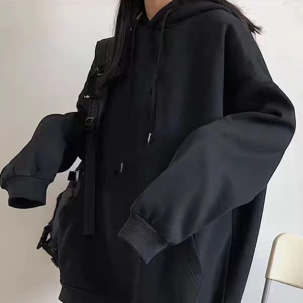 黑色情侣重磅韩系显瘦连帽卫衣女秋冬款宽松休闲百搭纯色带帽衫男