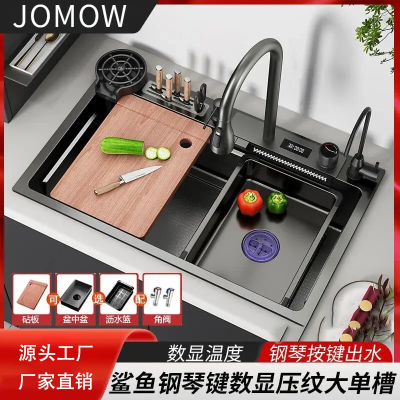 新款加厚飞雨瀑布鲨鱼数显家用不锈钢厨房带刀架单槽洗菜切菜整套