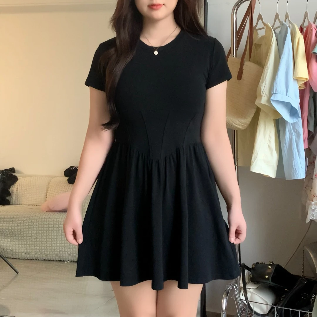 2025热卖夏季新款大码女装胖mm收腰显瘦气质黑色鱼骨短裙加长款