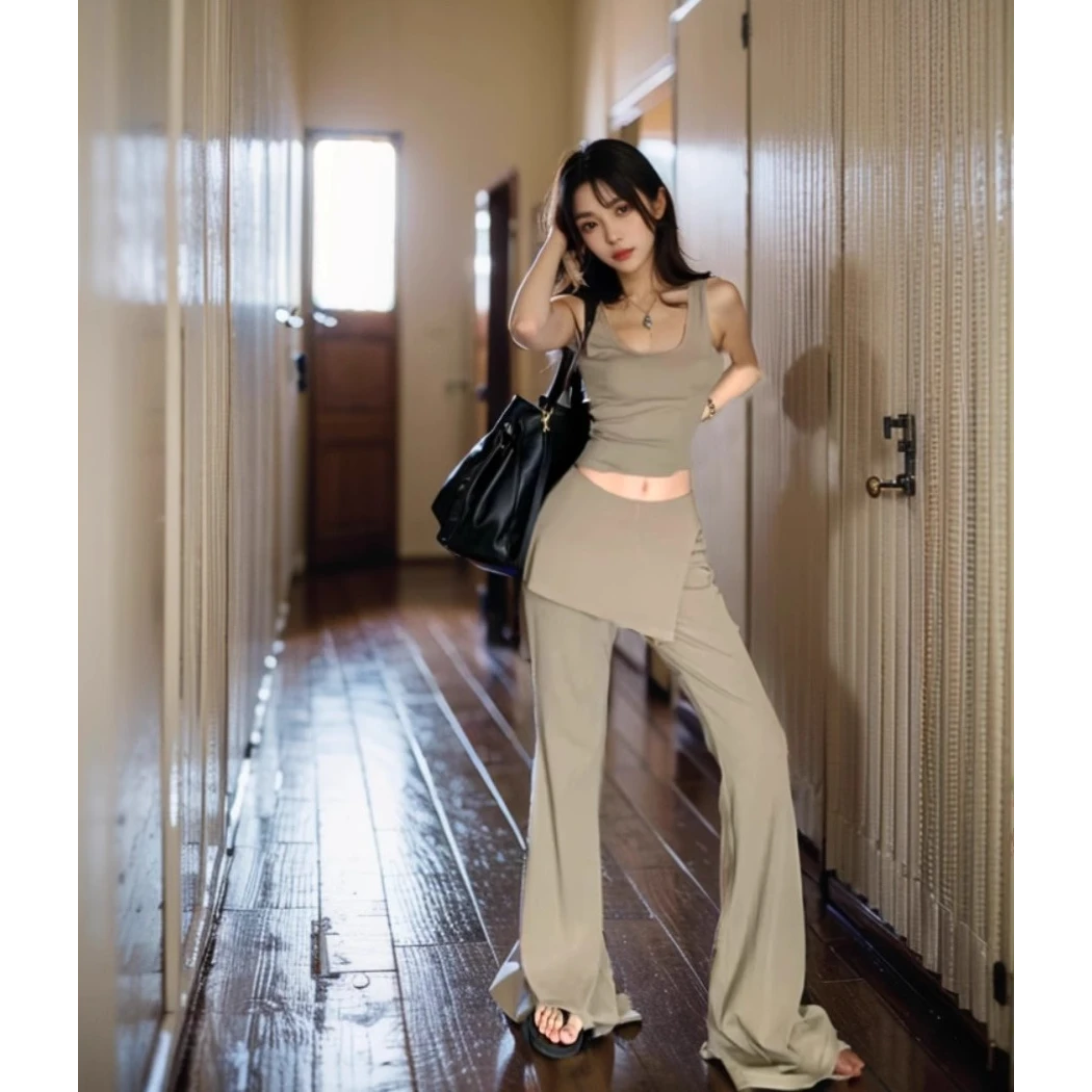 美式辣妹两件套女春装无袖修身背心上衣高腰喇叭裤垂感拖地长裤子