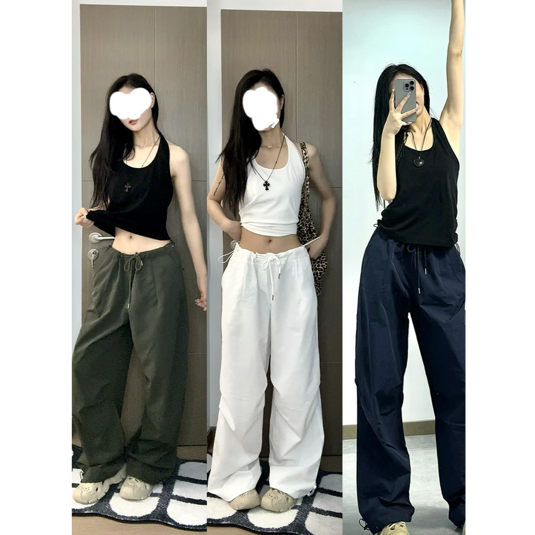 复古炸街抽绳休闲裤女春季宽松高腰长裤垂感直筒阔腿裤时尚拖地裤
