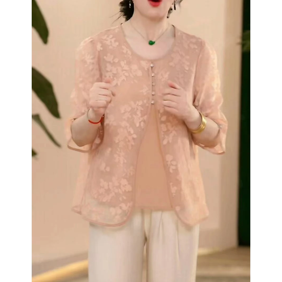 妈妈装春夏装薄款时尚假两件两件套气质中年女装中年洋气上衣裤子