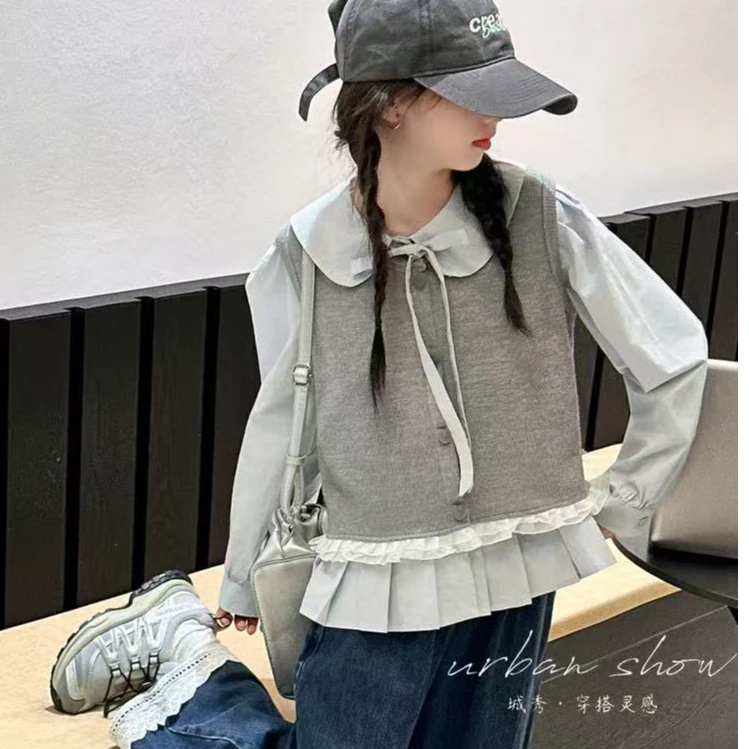 9582～高品质秋季女童套装三件套（马甲/衬衫/裤子）
