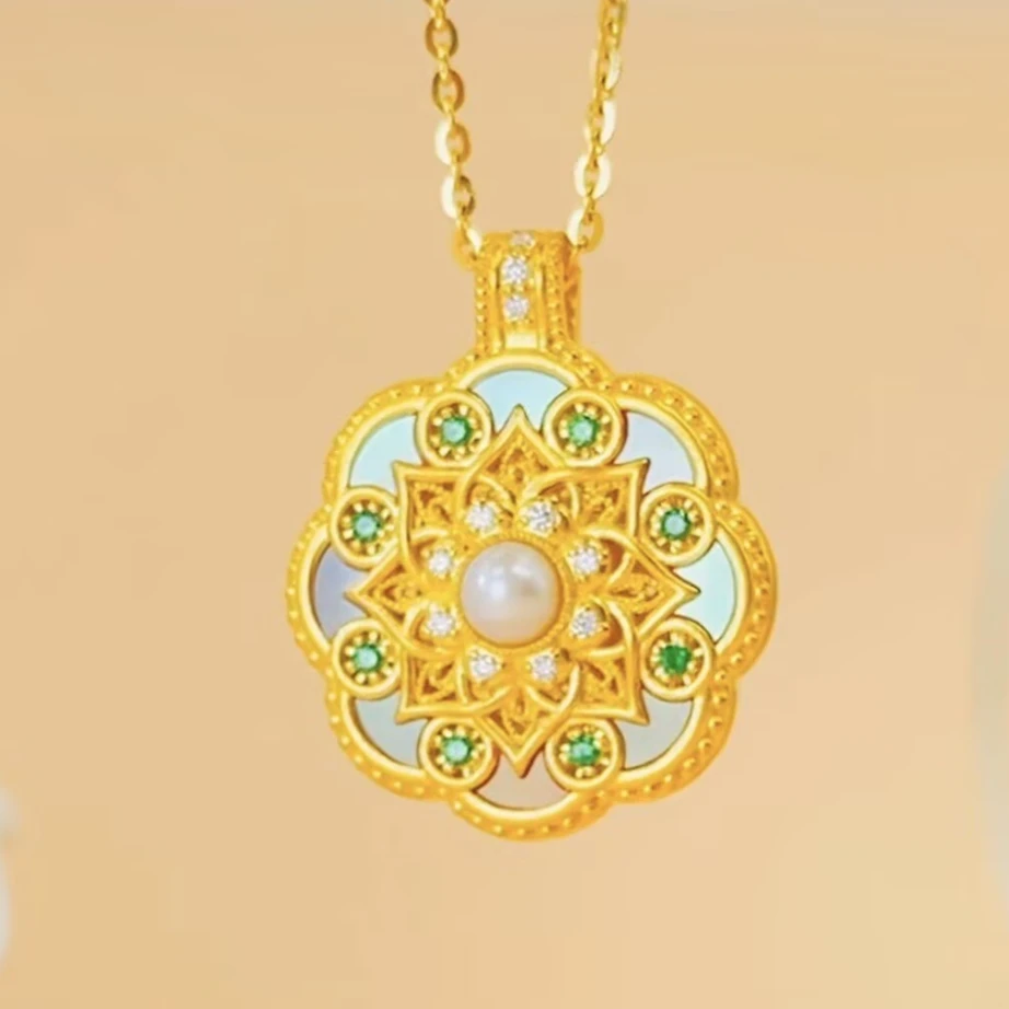 新品推荐【赛菲尔精品】足金古法螺钿宝相花八宝罗盘黄金吊坠