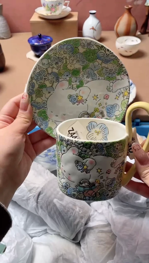 瓷片俩*妈蓝莲花咖啡杯