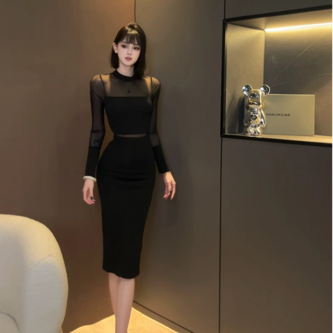 NOWNOW工作室网纱拼接连衣裙收腰修身款显瘦百搭性感气质黑色打底