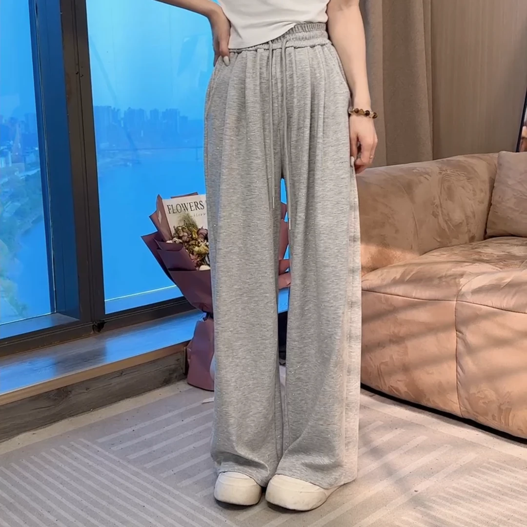 【静静衣橱】春夏新款休闲百搭高腰显瘦宽松抽绳灰色直筒阔腿裤702