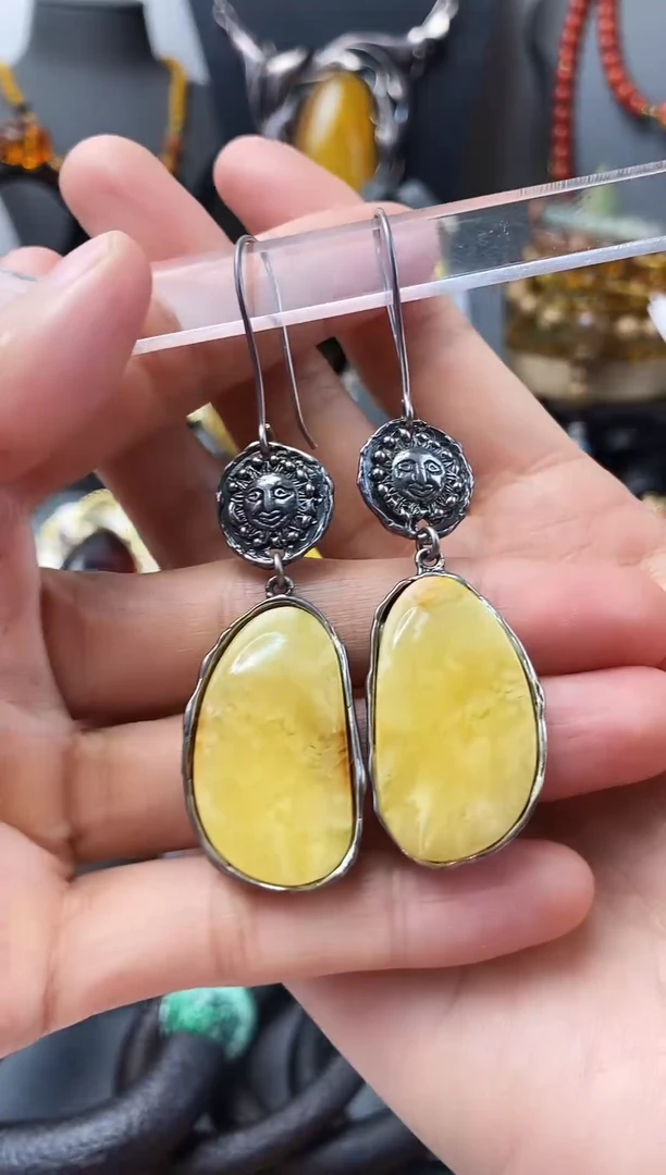 琥珀银S925镶嵌耳饰琥珀蜜蜡设计师耳饰