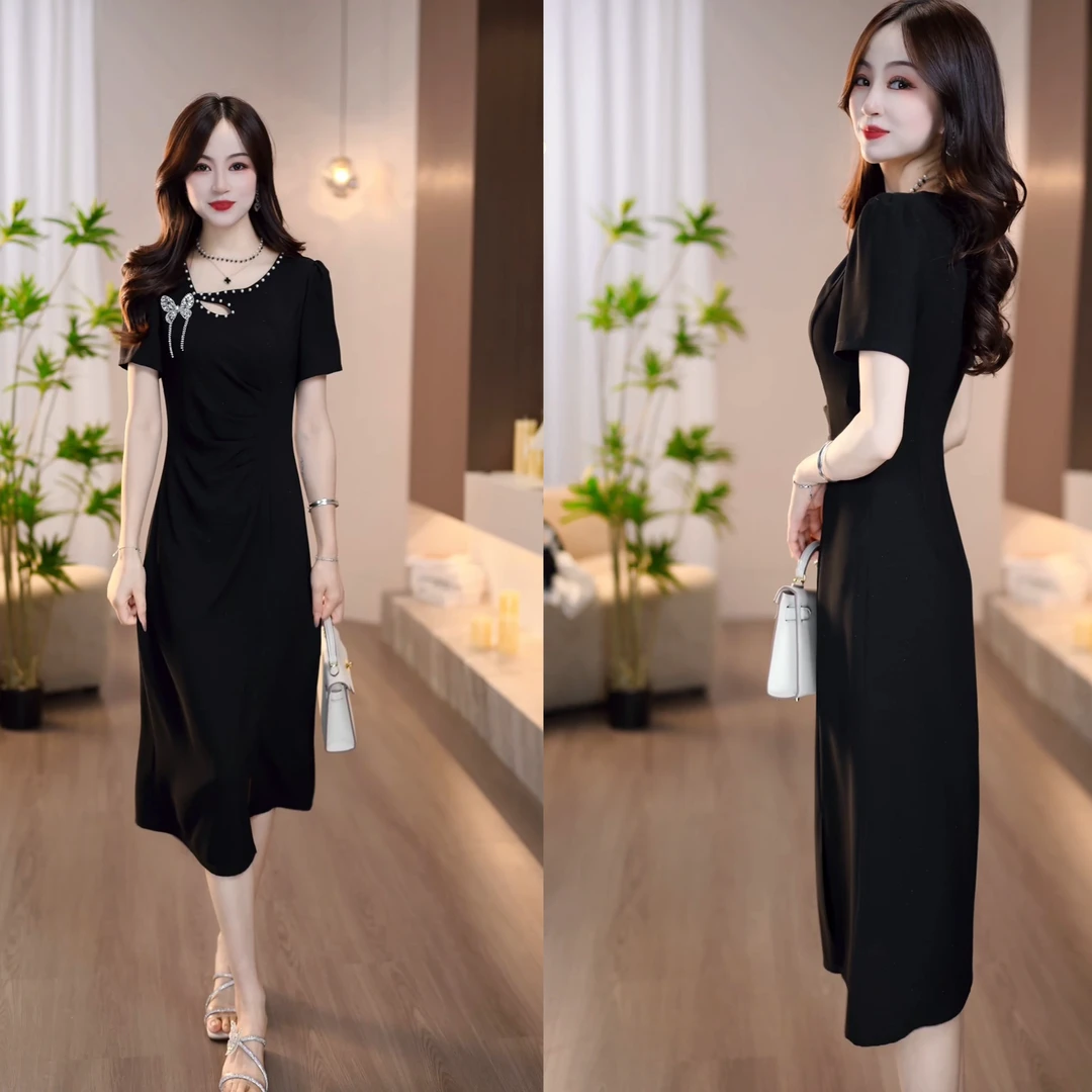 2025夏季新款异形镂空蝴蝶配饰设计优雅气质显瘦短袖连衣裙M-4XL