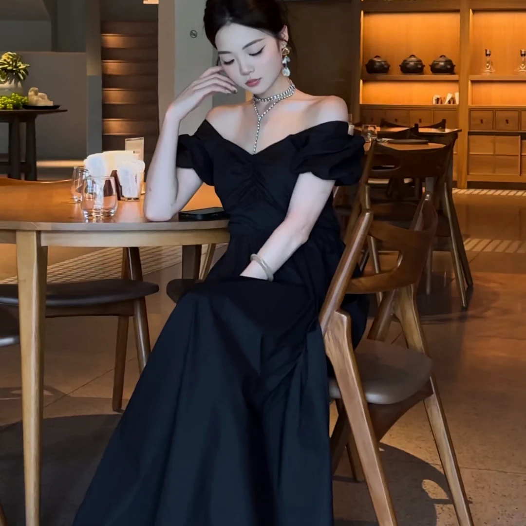 no退no换【初心】高级感方领泡泡袖抽褶V字领设计师小众款连衣裙