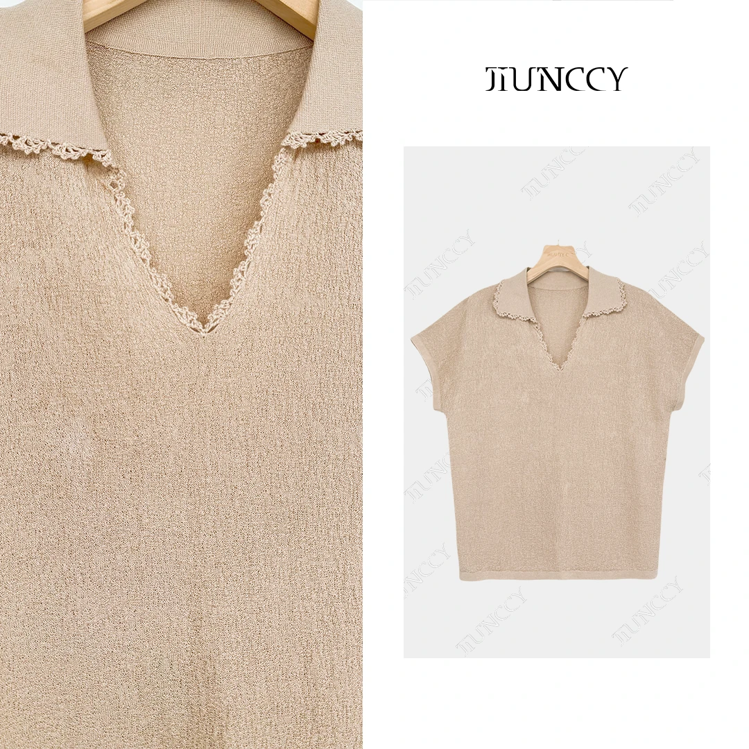 JIUNCCY【花萝】进口和纸纱手工钩花边翻V领针织短袖上衣 52YZZ038