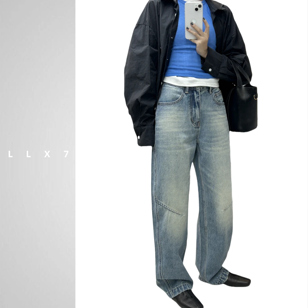 LLX2024冬季新款小弯刀水洗牛仔裤褶位设计百搭休闲月亮裤