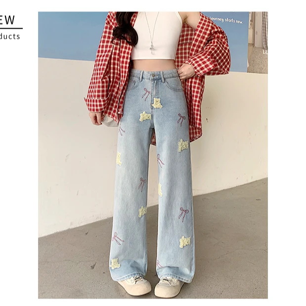 65521#春季新款胖mm大码趣味小熊刺绣直筒牛仔裤高腰宽松阔腿裤