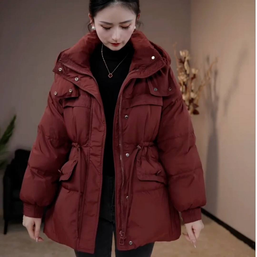 2024白鸭绒时尚百搭收腰连帽保暖韩版冬季休闲中长款外套