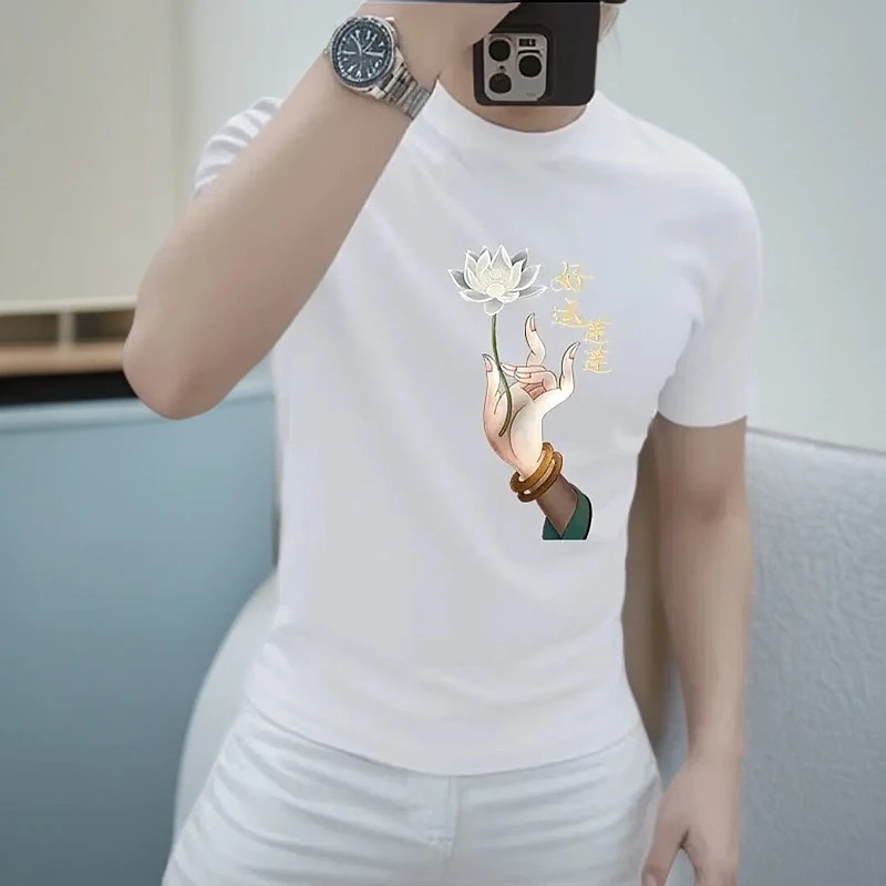 潮流高级感男装有缘白色短袖气场强大好运莲莲印花T恤衫帅气透气