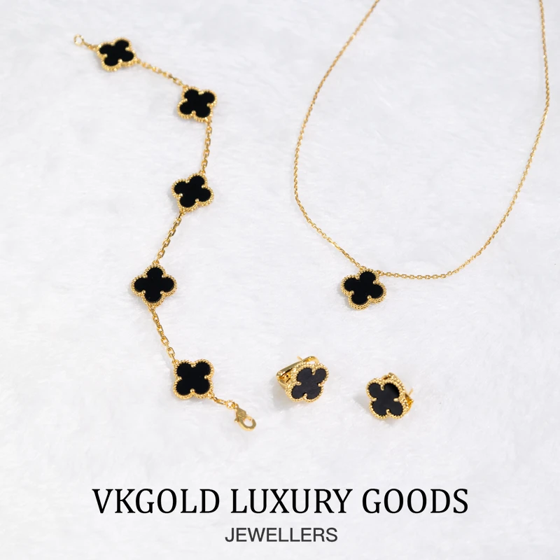 Vkgold  五花V金四叶黑色花花手链气质百搭经典