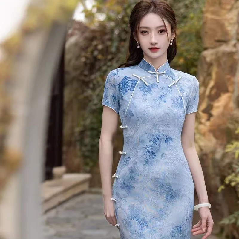 【风清余】2025春款新出炉网纱植绒气质蓝色日常修身中长款旗袍