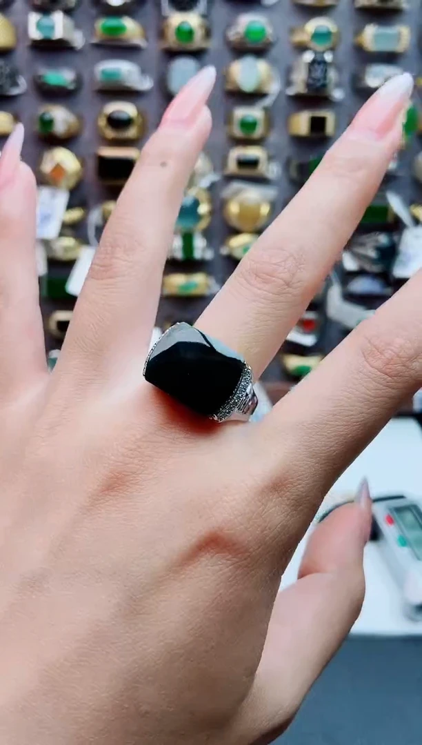 银S925镶嵌戒指翡翠天然翡翠男戒