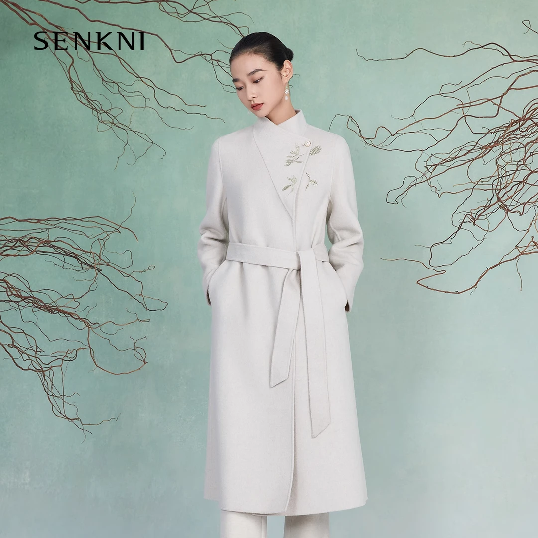 【山羊绒系列】圣可尼中式国风绵羊毛大衣新款系带外套女 S104313NG