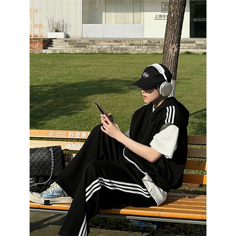 男生酷帅穿搭三条杠运动套装夏季男痞帅高级感垫肩马甲裤子两件套