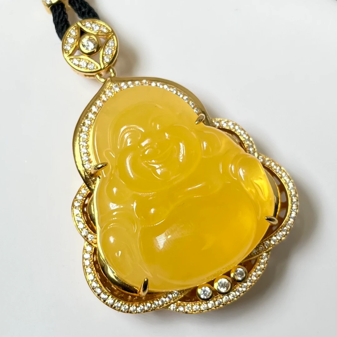 天然蜜蜡佛公吊坠 40*34*17mm 精美雕刻大肚佛公吊坠