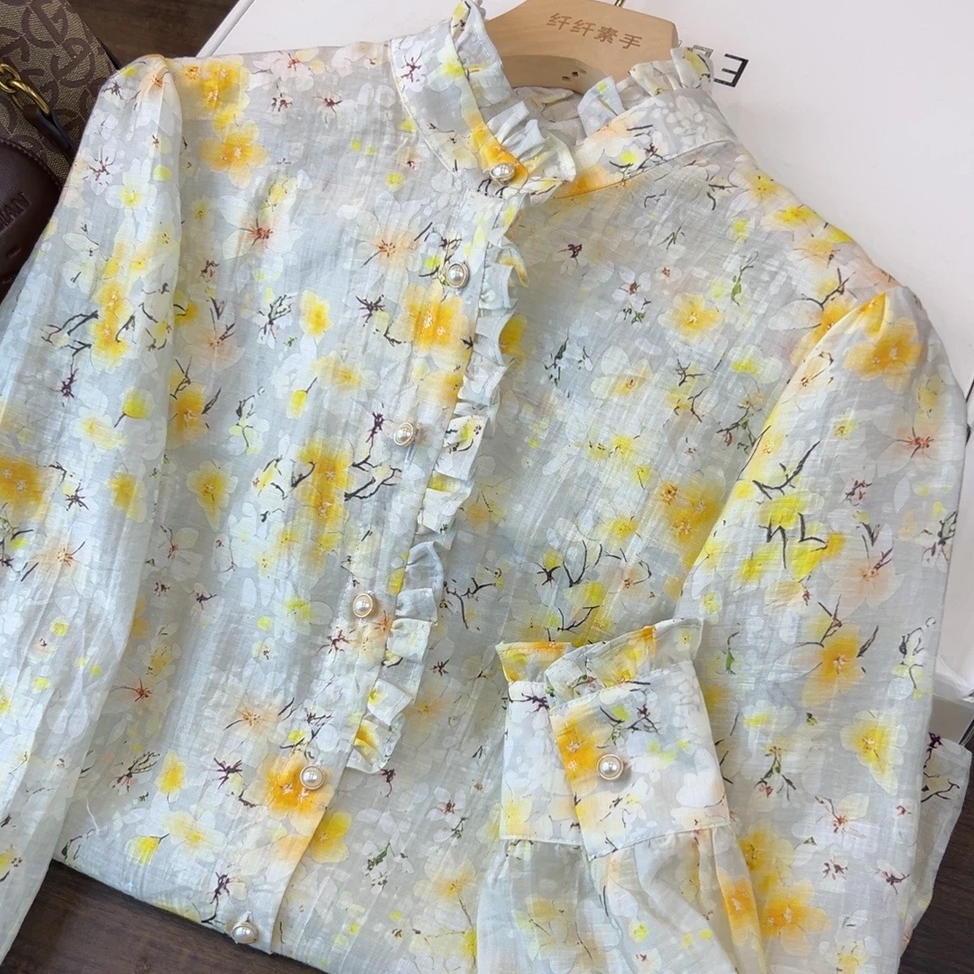 玲-CS1245莫奈花园系列《百灵》春款木耳花边领衬衫莱赛尔天丝面料