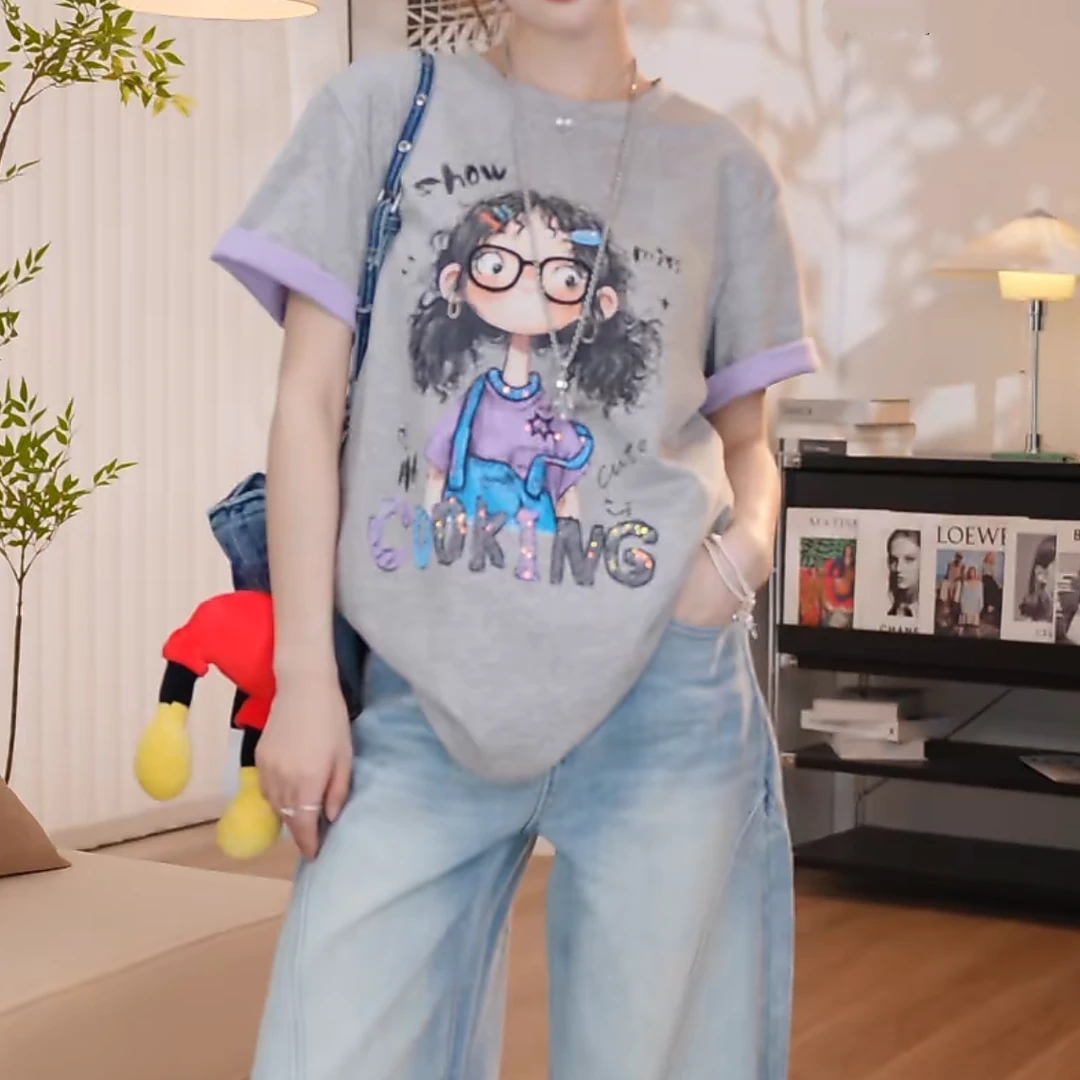设计感卡通人物印花拼色短袖休闲T恤女2025新款春夏套头圆领上衣