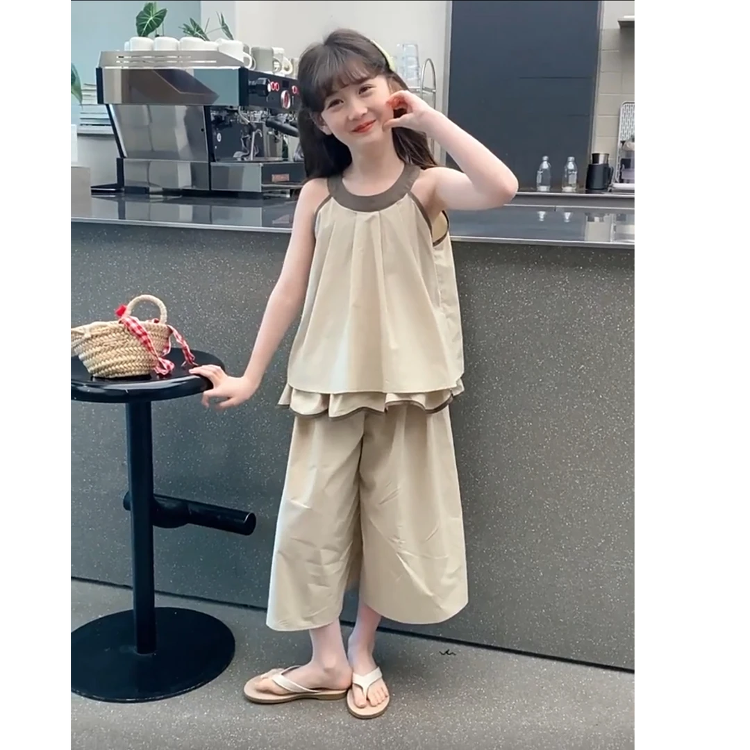 2025夏女童新款甜妹套装漏露肩荷叶边时尚休闲宽松阔腿裤两件套装