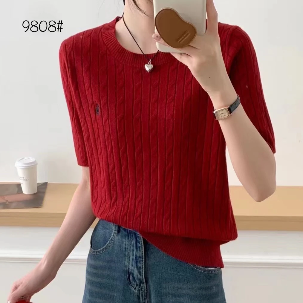 9808早春新款短袖针织衫圆领刺绣简约百搭