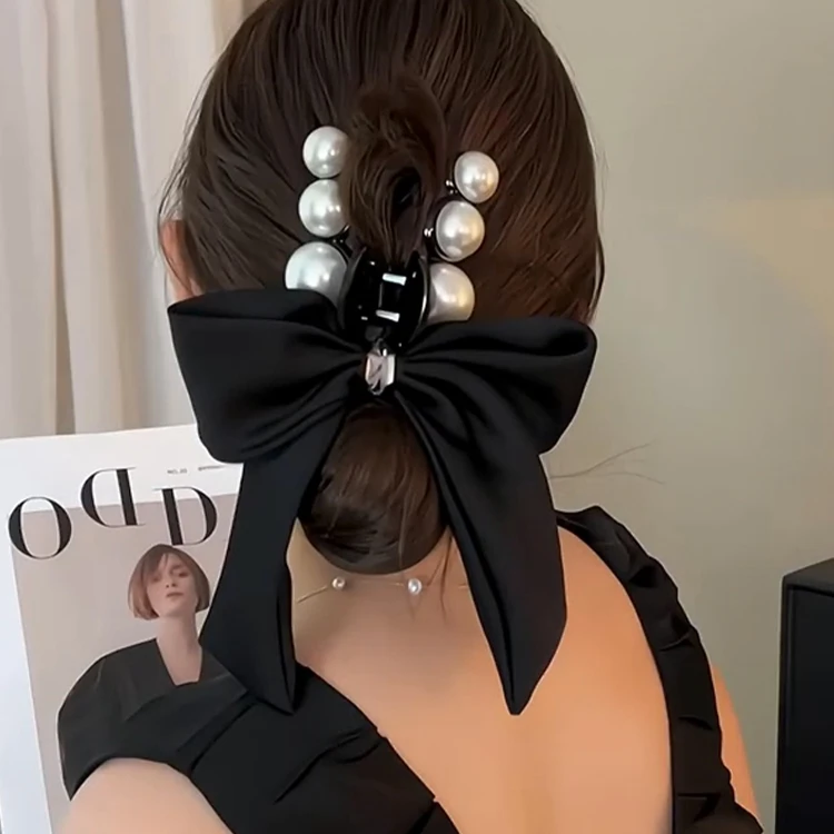 珠珠蝴蝶结抓夹气质轻奢高级感大号盘发鲨鱼夹小香风优雅发夹发饰