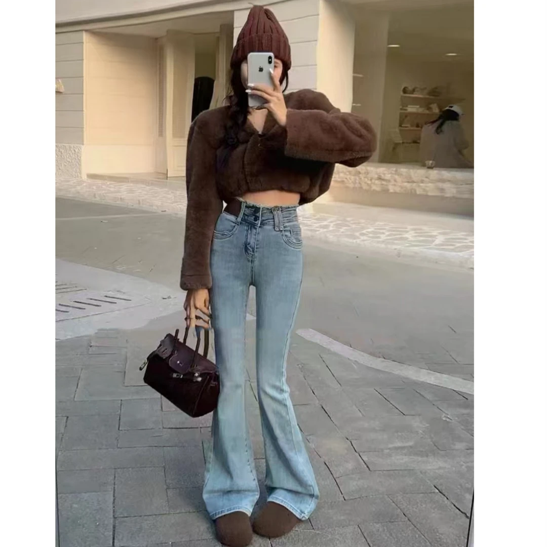 （柚子同款）HM春款浅色高腰牛仔喇叭裤9309