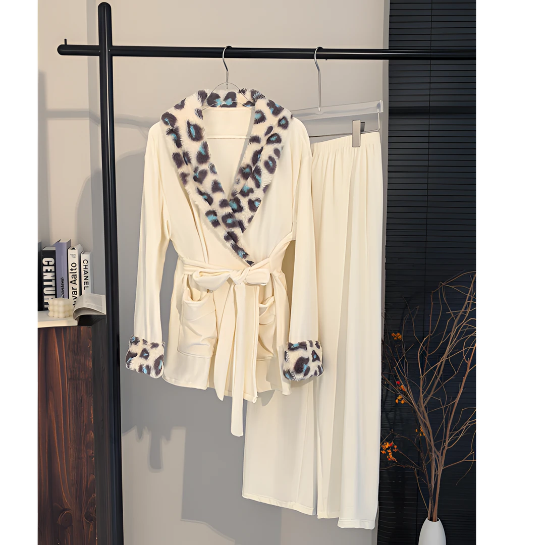 海岛绒睡衣女2025新款豹纹秋冬加绒加厚保暖系带开衫高级感家居服