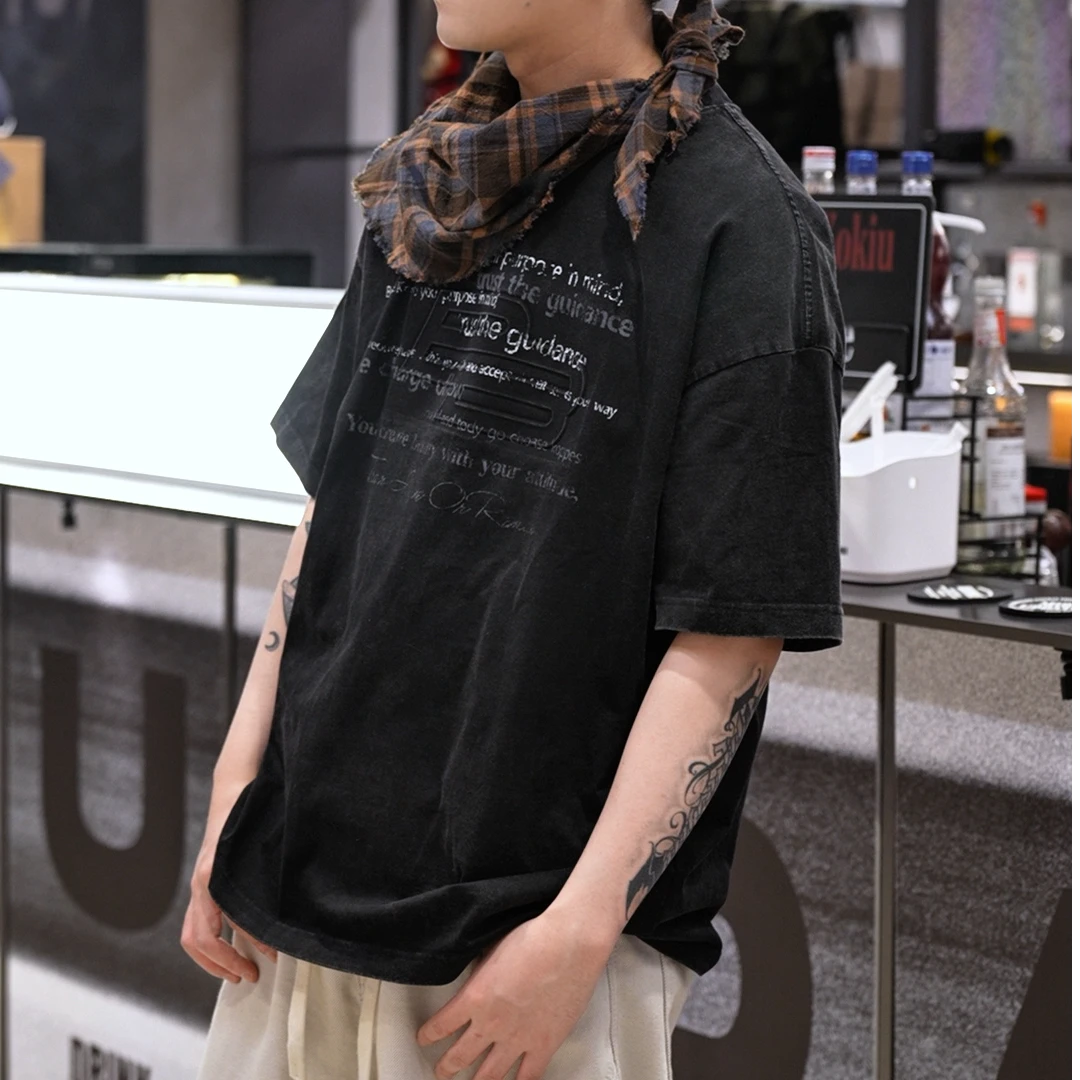 宽松版T恤纯棉印花做旧渐变色