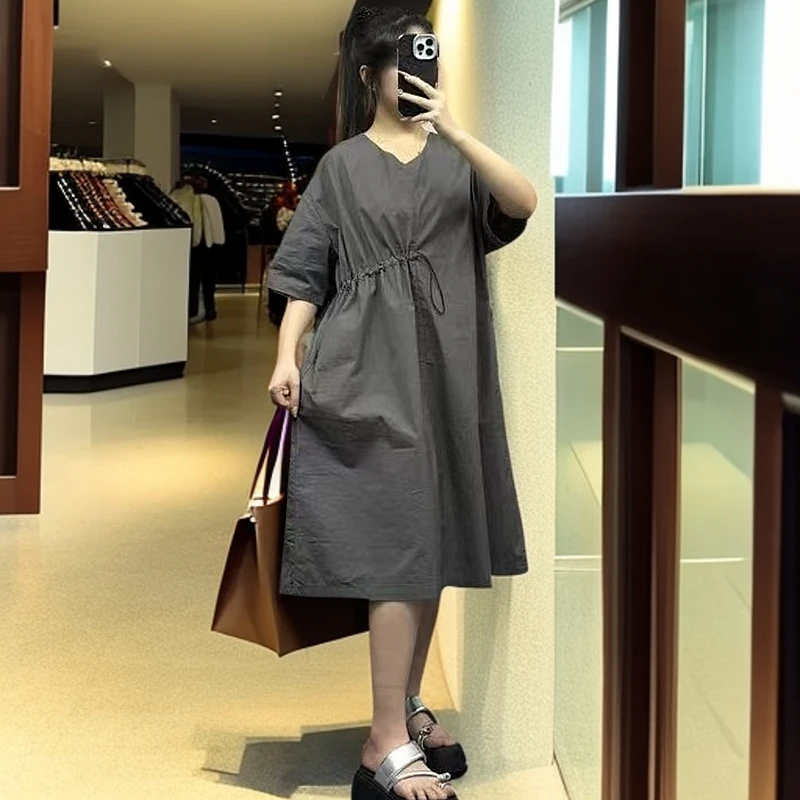 【纯原系列】简约收腰V领宽松连衣裙女2025夏季新款显瘦遮肉洋气