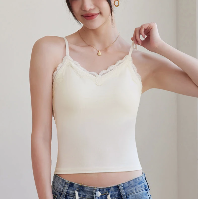 克尔伦贝10A抑菌凉感山茶花慵懒风蕾丝V领吊带百搭修身美背8810