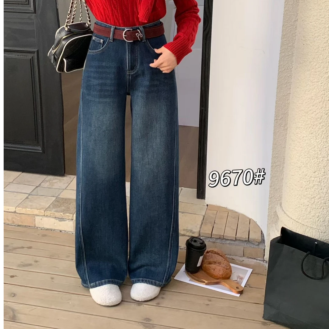 【静姐家】9670【加厚密密绒】秋冬时尚百搭宽松显瘦女牛仔直筒弯刀裤