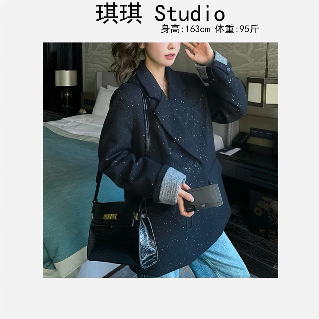 早春新款轻奢高级翻边纽扣拼色袖点缀闪闪显瘦减龄西装外套2539-G