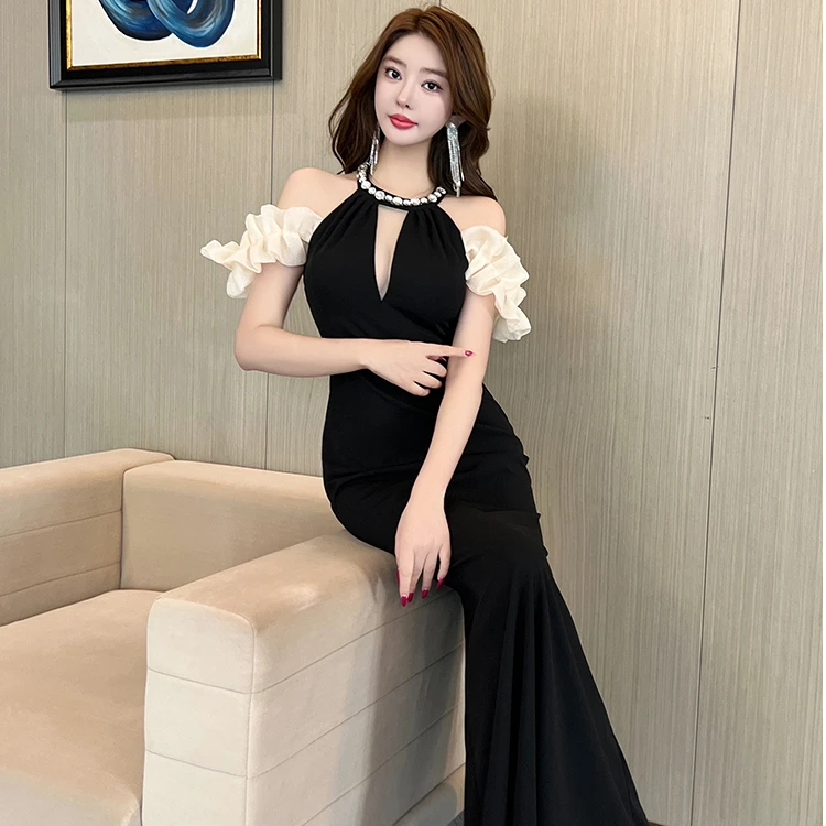 高端法式性感露肩宴会礼服裙性感优雅收腰显身材长款鱼尾连衣裙子