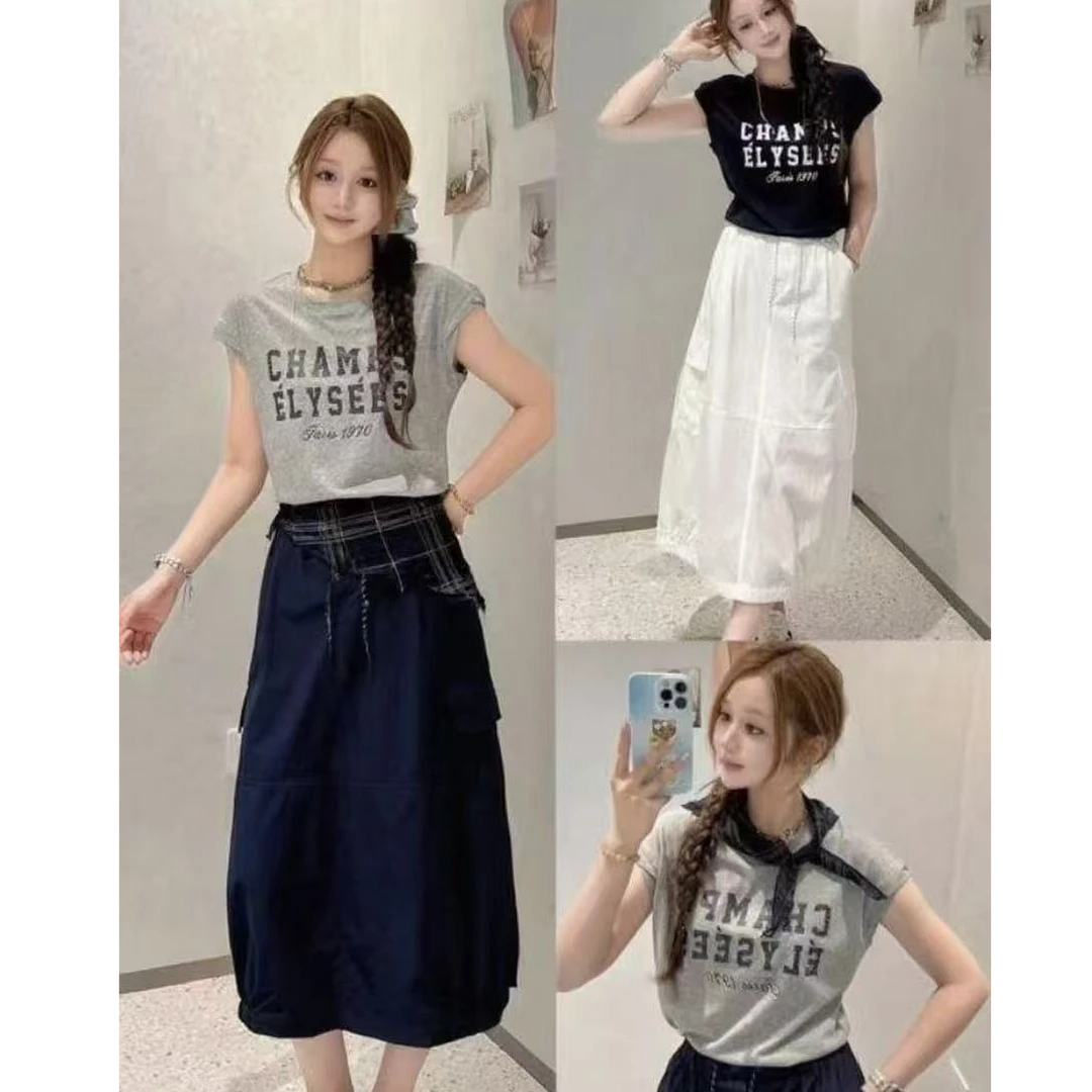 25397#2025新款时尚圆领T恤半身裙两件套套装