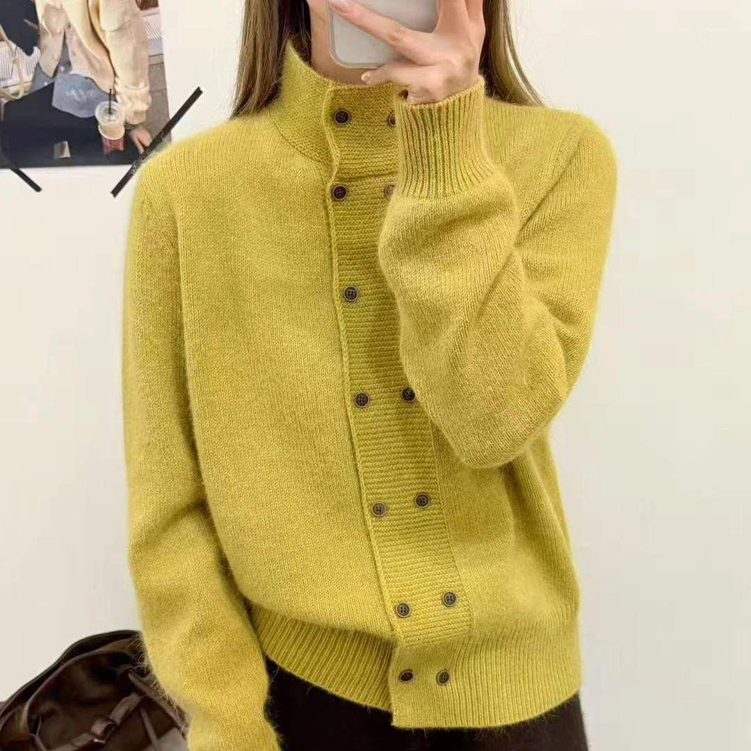 2025重工双排扣气质立领毛衣外套女秋冬加厚感慵懒宽松拉链针织衫