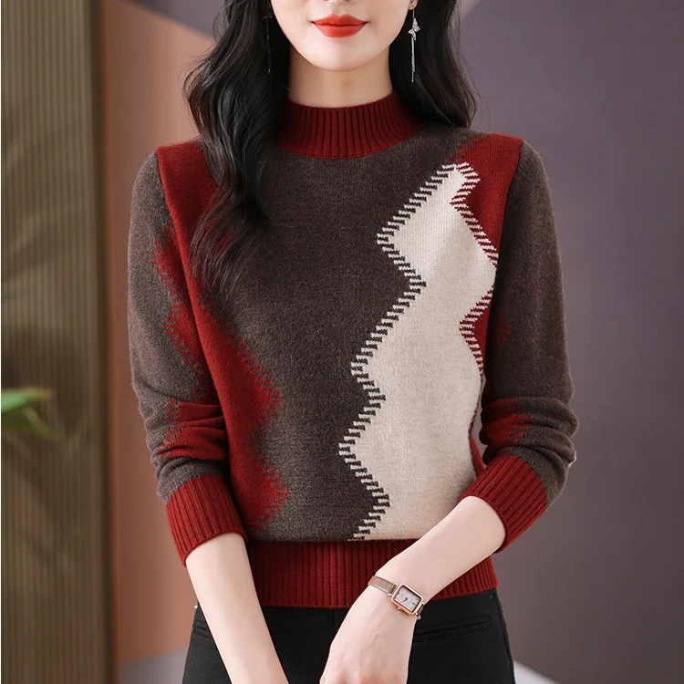 加厚冬季新款拼接撞色半高领长袖百搭时尚秋冬气质宽松毛衣H019