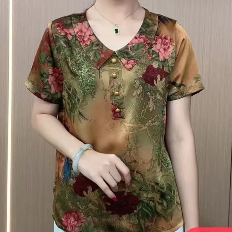 C03夏季新款短袖薄款休闲百搭气质减龄洋气宽松中老年妈妈装小衫