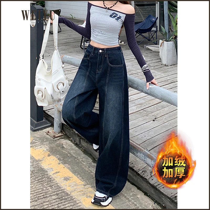 美式复古刺绣弯刀阔腿牛仔裤女宽松拖地裤