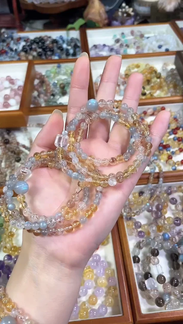 未镶嵌手串水晶天然灰月光黄塔晶黑金超七三圈手串