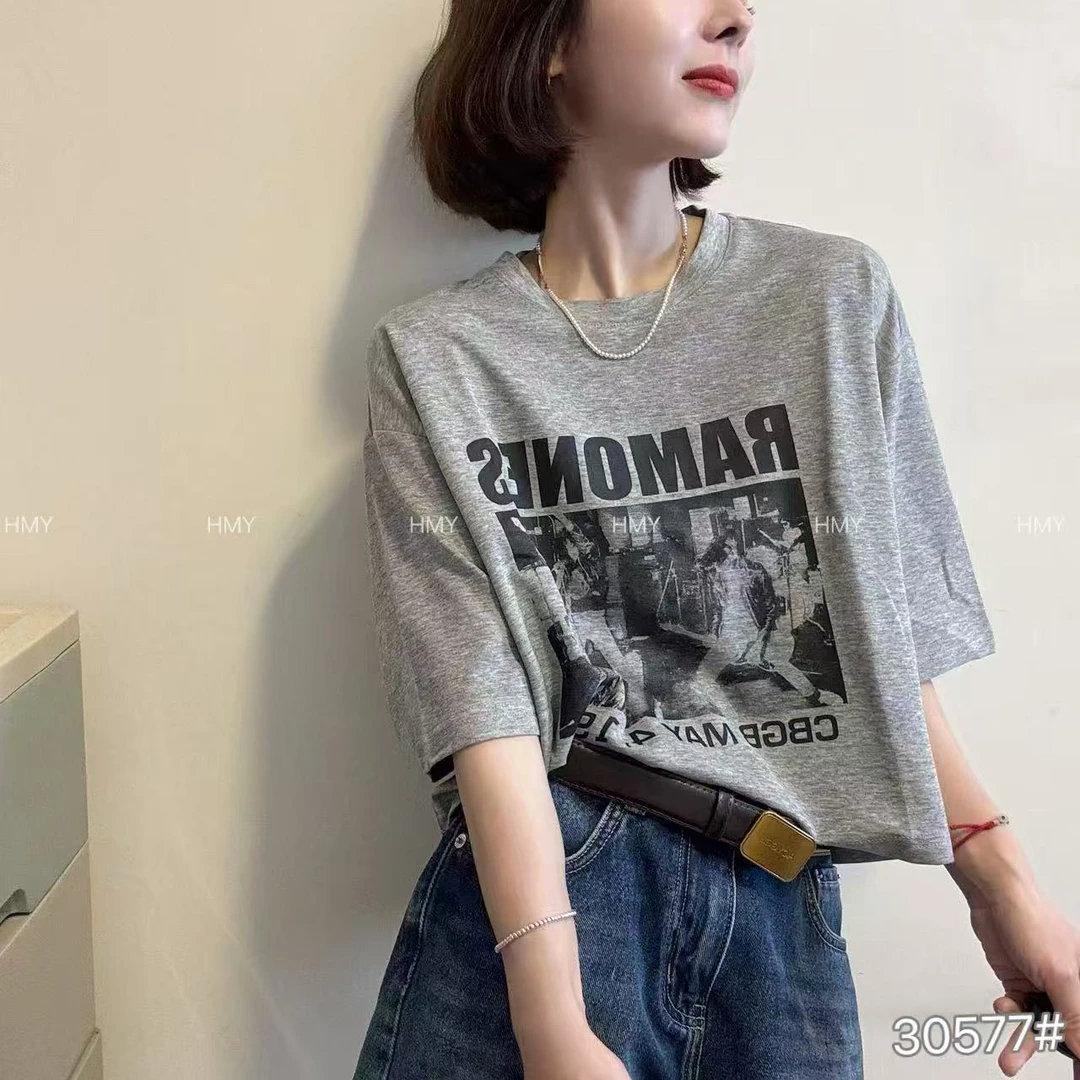 HMY 30577复古字母做旧高街摇滚乐队印花短袖T恤女小个子短款上衣