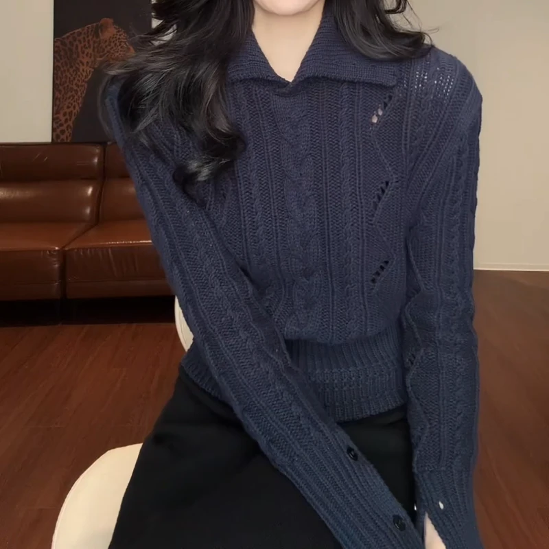 2025新款时尚翻领麻花下摆收腰显瘦百搭针织上衣LK2506528