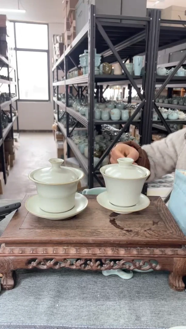 【闪购商品】其他月白 竹节 支烧手工盖碗 微瑕