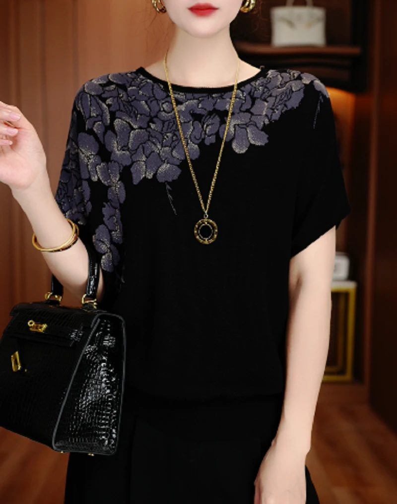 新款夏季针织短袖上衣舒适透气气质上衣V25Q823